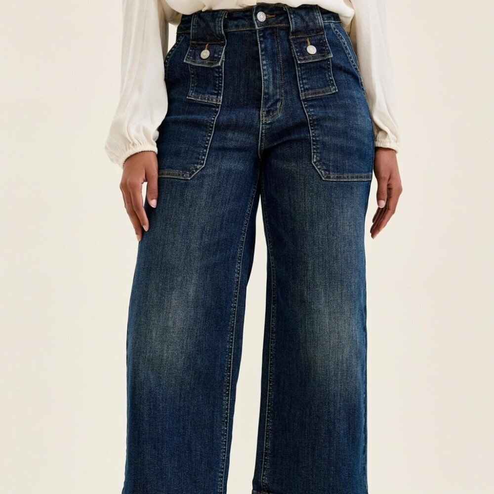 NWT Judy Blue High Waist Wide Crop Utility Jeans with Patch Pocket